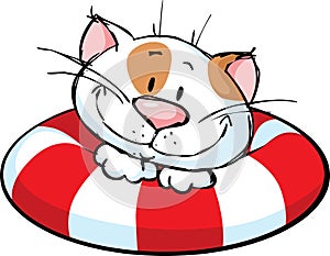 Funny cat cartoon on lifebuoy - vector