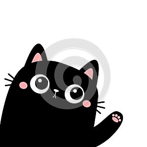 Funny cat in the corner waving hand. Pink paw print. Black silhouette. Cute cartoon kawaii face character. Pet baby collection.