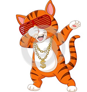 Funny cat dabbing cartoon wearing sunglasses, hat, and gold necklace