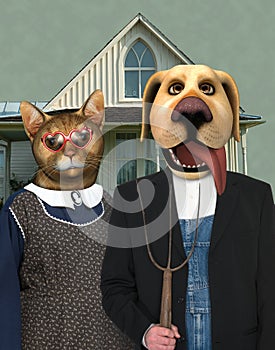 Funny Cat Dog American Gothic