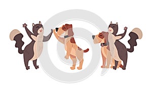 Funny Cat and Dog Best Friend Buddy up with Each Other Giving High Five with Paw Vector Set