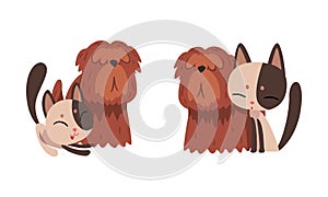 Funny Cat and Dog Best Friend Buddy up with Each Other Vector Set