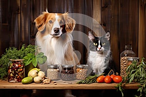 Funny cat and a dog in the kitchen are sitting in front of a table full of various food products. Animals food