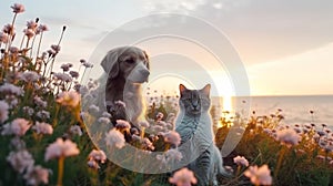 funny cat and dog sit on beach , puppy sit play on sunset in sea water on beach wild fieldandspaniel