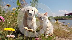 funny cat and dog sit on field beach , puppy sit play on sunset in sea water on beach wild fieldandspaniel