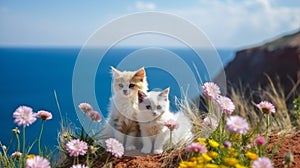 funny cat and dog sit on field beach at sea , puppy sit play on sunset in sea water on beach wild fieldandspaniel