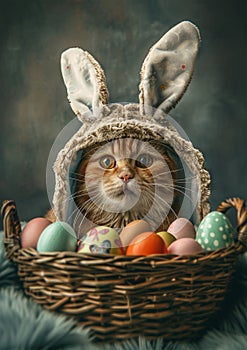 funny cat in easter bunny costume with a basket full of easter eggs