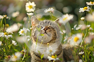 funny cat enjoying the begining of the blooming spring