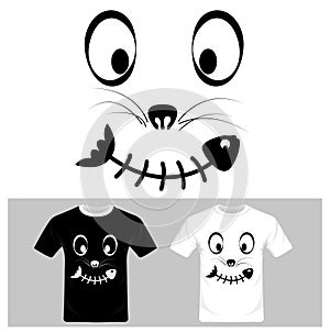 Funny cat face cartoon with fish vector. T-shirt graphic design . photo