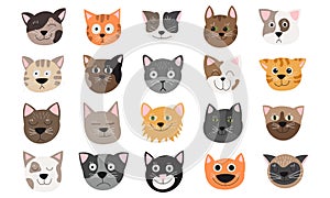 Funny cat face set vector illustration emotions. Cute animal face cat heads collection. Cartoon kitten pet isolated white icon.