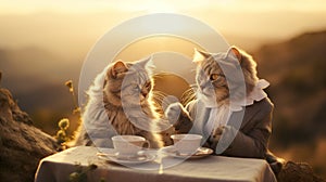 funny cat family drink tea at sunset, two kitty sitting by table and drinking hot drink, animal have breakfast at nature