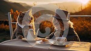 funny cat family drink tea at sunset, two kitty sitting by table and drinking hot drink, animal have breakfast at nature