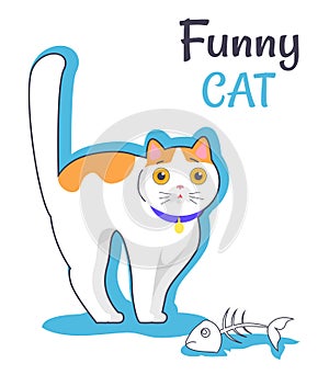 Funny Cat with Fish Bone, Vector Illustration