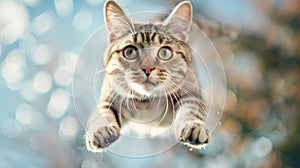 Funny cat in flight outdoor, face of jumping pet close-up. Portrait of flying domestic animal on blurred sky background. Concept