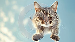 Funny cat in flight outdoor, portrait of jumping pet. Face of flying domestic animal on sky background. Concept of humor, kitten,