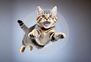 funny cat flying. photo of a playful tabby cat jumping mid-air looking at camera. background with copy space