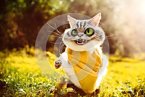 Funny cat with green eyes in yellow scarf on green grass.