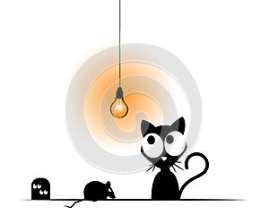 Funny cat silhouette, mouse and light bulb