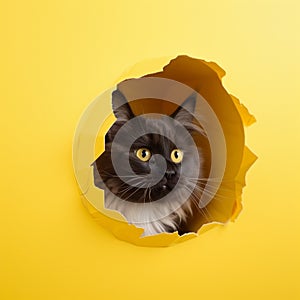 Funny cat looks through ripped hole in yellow paper.