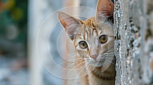 A funny cat peeks out from behind an old wall. Portrait of a wild cat. Homeless cats on the street