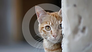 A funny cat peeks out from behind an old wall. Portrait of a wild cat. Homeless cats on the street