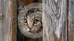 A funny cat peeks out from behind an old wall. Portrait of a wild cat. Homeless cats on the street