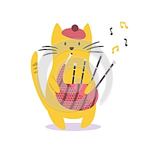 Funny cat playing bagpipe. Vector illustration