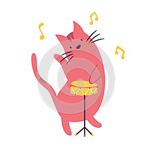 Funny cat playing the drums. Vector illustration