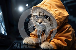 funny cat programmer in glasses working on the computer in office