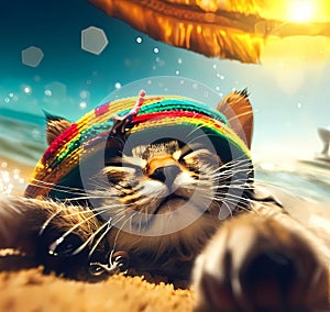 Funny cat in rastafari hat photo
