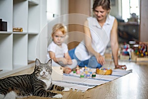 Funny cat relaxing mother and little toddler playing together self study of child Montessori method