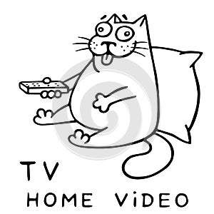 Funny cat with remote control for tv. vector illustration.