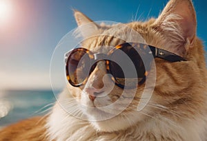 funny cat in round sunglasses close-up