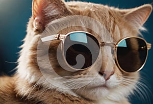 funny cat in round sunglasses close-up