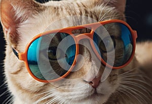 funny cat in round sunglasses close-up