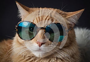 funny cat in round sunglasses close-up