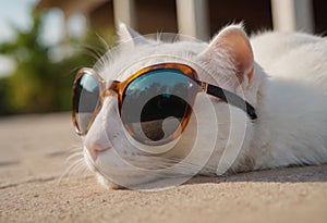 funny cat in round sunglasses close-up