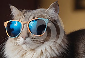 funny cat in round sunglasses close-up