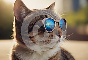 funny cat in round sunglasses close-up