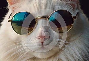 funny cat in round sunglasses close-up