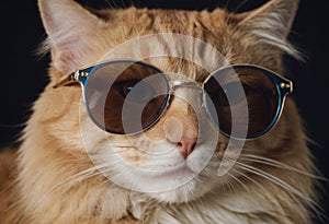 funny cat in round sunglasses close-up