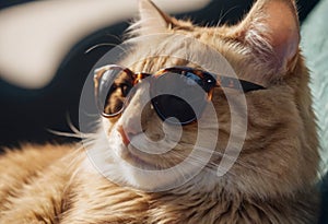 funny cat in round sunglasses close-up