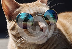 funny cat in round sunglasses close-up