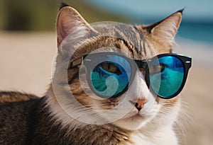 funny cat in round sunglasses close-up