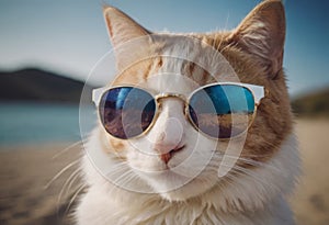 funny cat in round sunglasses close-up