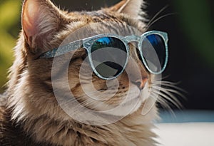 funny cat in round sunglasses close-up