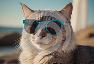 funny cat in round sunglasses close-up