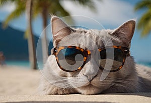 funny cat in round sunglasses close-up