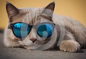 funny cat in round sunglasses close-up