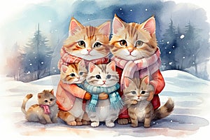 Funny cat's family watercolor illustration. Cute animal art